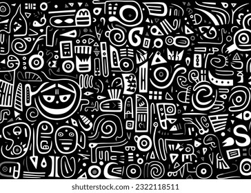 abstract pattern in black and white with various shapes and symbols, in the style of afro-colombian themes, freeform minimalism, texture-rich, expansive