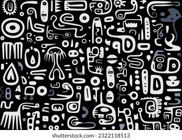 abstract pattern in black and white with various shapes and symbols, in the style of afro-colombian themes, freeform minimalism, texture-rich, expansive