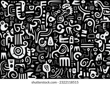 abstract pattern in black and white with various shapes and symbols, in the style of afro-colombian themes, freeform minimalism, texture-rich, expansive