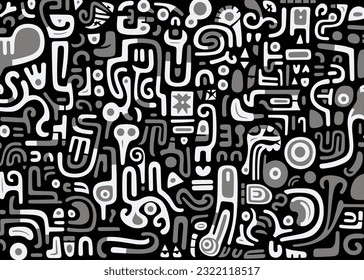 abstract pattern in black and white with various shapes and symbols, in the style of afro-colombian themes, freeform minimalism, texture-rich, expansive