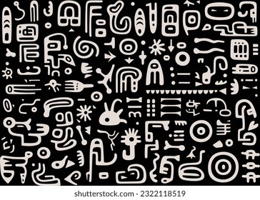 abstract pattern in black and white with various shapes and symbols, in the style of afro-colombian themes, freeform minimalism, texture-rich, expansive