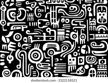 abstract pattern in black and white with various shapes and symbols, in the style of afro-colombian themes, freeform minimalism, texture-rich, expansive