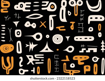 abstract pattern in black and white with various shapes and symbols, in the style of afro-colombian themes, freeform minimalism, texture-rich, expansive