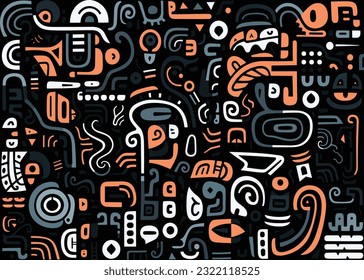 abstract pattern in black and white with various shapes and symbols, in the style of afro-colombian themes, freeform minimalism, texture-rich, expansive