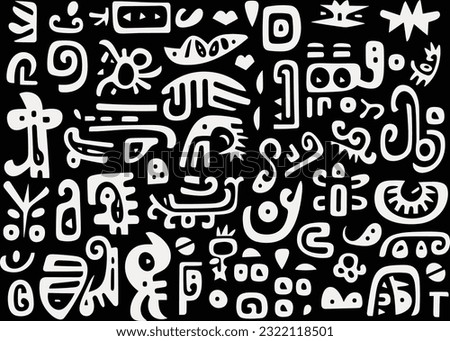 abstract pattern in black and white with various shapes and symbols, in the style of afro-colombian themes, freeform minimalism, texture-rich, expansive