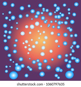 Abstract pattern of blue colored bubbles in various sizes flying in gradient yellow, orange, and violet colored space. Vector illustration. Useful as background, backdrop, or image montage. 