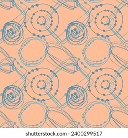 Abstract pattern blue doodle hand drawn on peach color background 2024