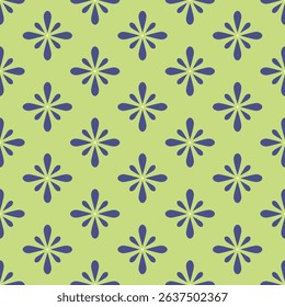Abstract pattern with blue elements and stylized flowers on a light green background