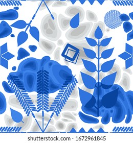 Abstract pattern of blue ethnic floral elements and geometric figures over the soft formless structures. Repeated seamless design inspired by Stockholm metro stations