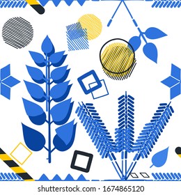 Abstract pattern of blue ethnic floral elements and geometric figures over the white background. Repeated seamless design inspired by Stockholm metro stations