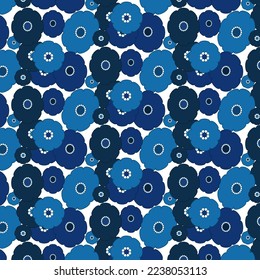 Abstract pattern blue flowers. In the style of the 70s.