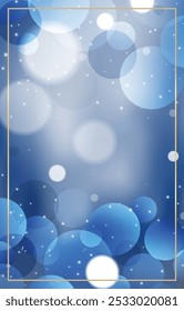 Patrón Abstractas para el volante azul. Fondo desenfocado brillante festivo con círculos bokeh y marco dorado, Vector. Plantilla de una tarjeta de vacaciones, felicitaciones, invitación o publicidad de su producto.