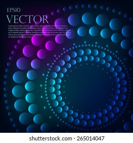 Abstract pattern of blue graduated turquoise shiny dots or circles going from the darkest at the outer edge around a central black hole or vortex with copyspace