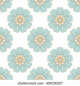 Abstract pattern with blue and orange helix flowers