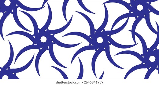 Abstract pattern of blue rotational shapes on a white background, creating a seamless and artistic display, conveying a sense of creativity, motion, and geometric harmony.