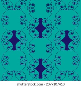 Abstract pattern with blue spiral on green. Fashion graphic design. Modern stylish texture. Blue template for prints, textiles, wrapping, wallpaper, card, banner, business, etc. Vector illustration