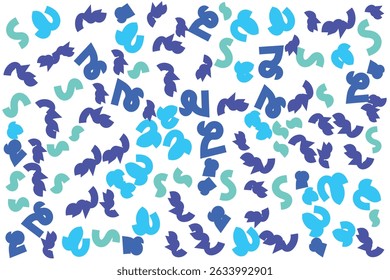 Abstract pattern of blue, teal, and dark blue shapes on white.