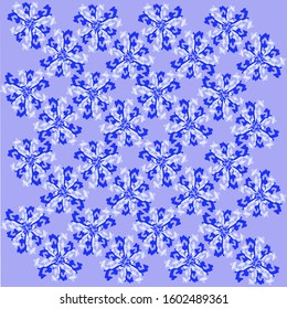 Abstract pattern, blue and white snowflakes on sky background