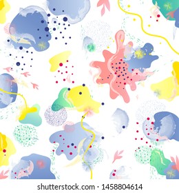 Abstract pattern with blue, yellow, red and green watercolour elements