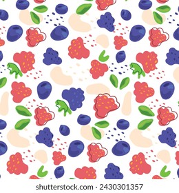 Abstract pattern with Blueberries, raspberries, blackberries and yogurt in flat style. Fresh Seamless pattern. Vector background. Summer time print.