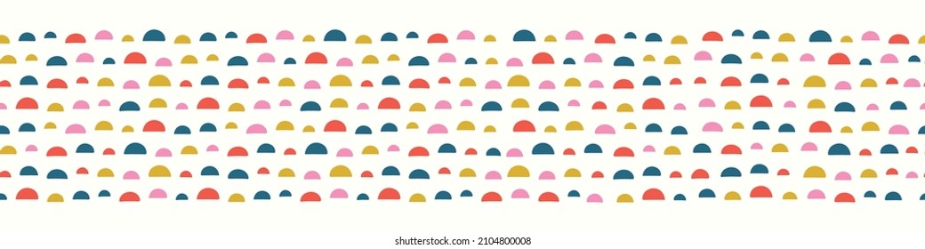 Abstract pattern border of colourful semi circles. Fun vector seamless repeat geometric banner.