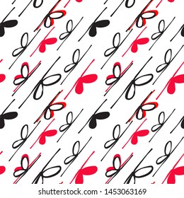 Abstract pattern with bows and stripes. 
Black, white and red.