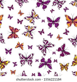 Abstract pattern for boys, girls, clothes, wallpaper. Vector. Fantasy illustration. Pictures in black, white and purple colors. Seamless pattern with lot of different butterflys.