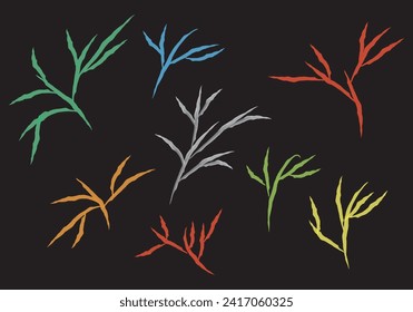 Abstract pattern of a branch with red, green, yellow colors, flowers on a black background
