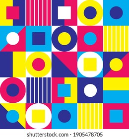 Abstract pattern with bright colors. Geometric forms and shapes in memphis style. Seamless background