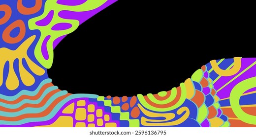 Abstract pattern with bright colors on dark background. Hand drawn vector illustration with free space for background design.