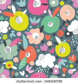 Abstract pattern with bright ornaments on a dark background.