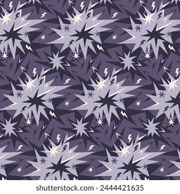 Abstract pattern of broken geometric stars and lightning bolts in purple and beige tones