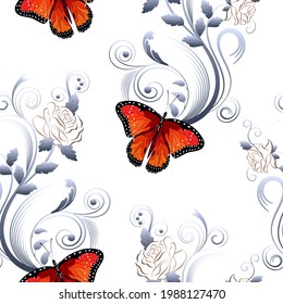 Abstract pattern with butterflies.Abstract flowers and butterflies on a white background in a vector pattern.