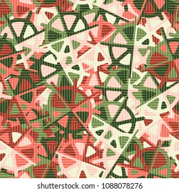 Abstract pattern in camouflage style covered with a striped chess field. Seamless texture.