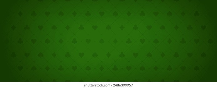 Abstract pattern with card suits on green background. Casino gambling, poker background. Hearts, clubs, spades and diamonds shapes. Vector EPS10