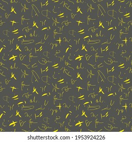 Abstract pattern with chaotic stripes and shapes. Yellow modern color on a dark background. Design for fabric or wallpaper in a modern style.