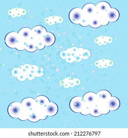 Abstract pattern with children's clouds and stars on a blue background