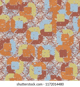 Abstract pattern of children's colors,
against a background of square suns and flowers.