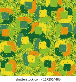 Abstract pattern of children's colors,
against a background of square suns and flowers.