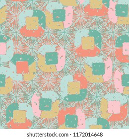 Abstract pattern of children's colors,
against a background of square suns and flowers.