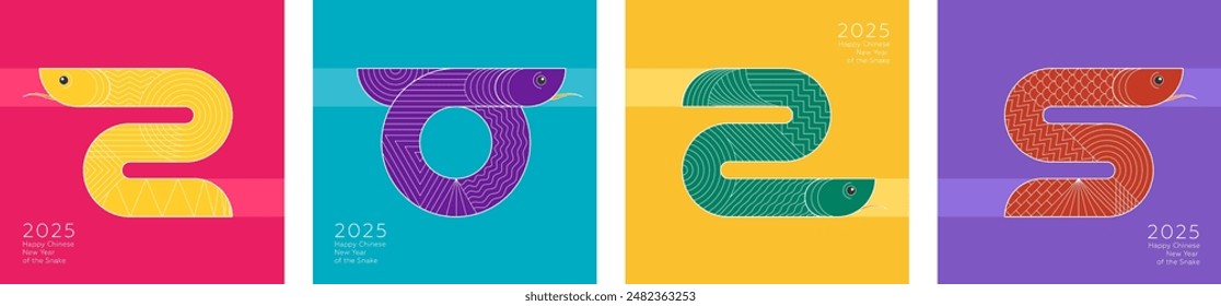 Abstract pattern chinese snake combination 2024 Happy New Year square banners. Colored China zodiac animal serpent set. Graphic asian celebration colorful prints. Modern trendy oriental festival flyer