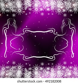 abstract pattern for Christmas postcard with frame for text sketch of girls. vector illustration. purple color. design, greetings, graphic arts