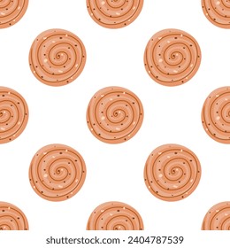 Abstract pattern with a cinnabon on a beige background. Pattern with fragrant French desserts for coffee shops, bakeries, restaurants