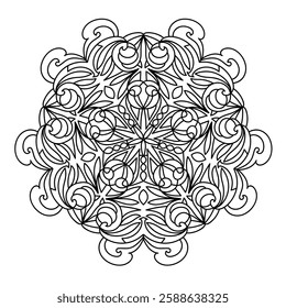 Abstract pattern in a circle. Mandala ornament. Intricate lacy pattern. The spiritual symbol of mindfulness and symmetry.  Coloring page element.