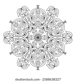 Abstract pattern in a circle. Mandala ornament. Intricate lacy pattern. The spiritual symbol of mindfulness and symmetry.  Coloring page element.