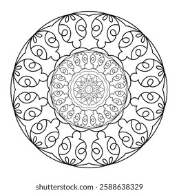 Abstract pattern in a circle. Mandala ornament. Intricate lacy pattern. The spiritual symbol of mindfulness and symmetry.  Coloring page element.