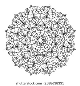 Abstract pattern in a circle. Mandala ornament. Intricate lacy pattern. The spiritual symbol of mindfulness and symmetry.  Coloring page element.