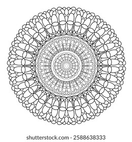 Abstract pattern in a circle. Mandala ornament. Intricate lacy pattern. The spiritual symbol of mindfulness and symmetry.  Coloring page element.