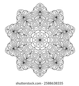 Abstract pattern in a circle. Mandala ornament. Intricate lacy pattern. The spiritual symbol of mindfulness and symmetry.  Coloring page element.