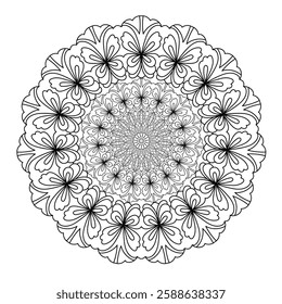 Abstract pattern in a circle. Mandala ornament. Intricate lacy pattern. The spiritual symbol of mindfulness and symmetry. Coloring page element.